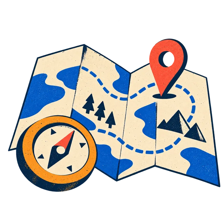 A folded map with a location pin and a compass